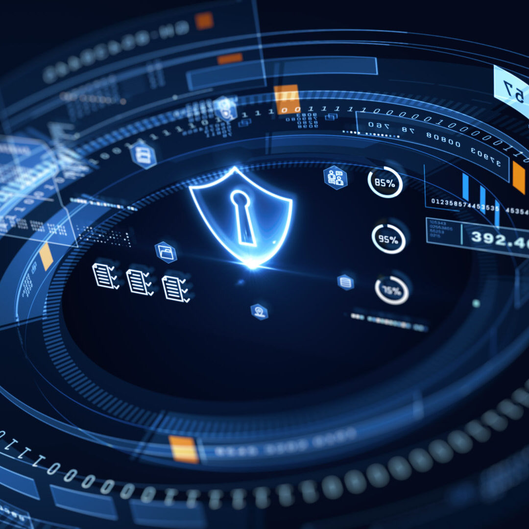 A modern cybersecurity interface showcasing a digital shield for data protection, with metrics and encryption status indicators for enhanced security monitoring. 3d rendering