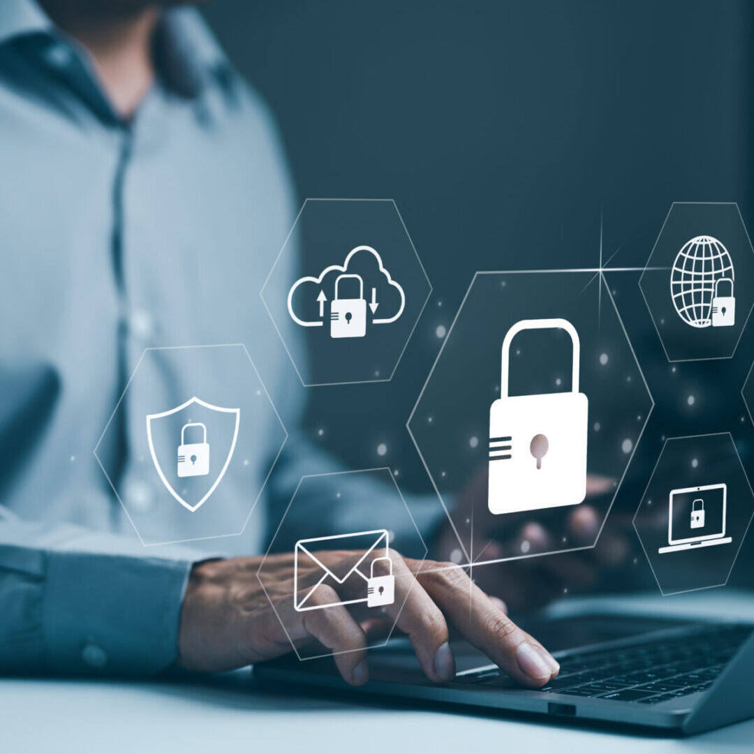 User enter password for personal information access. Data login protect and secure internet access, padlock technology, cyber security, encryption privacy, Cybersecurity and data protection concept.